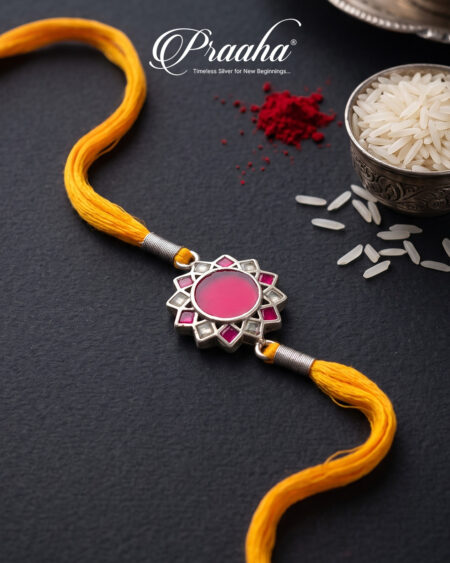 Pink flower Silver Rakhi
