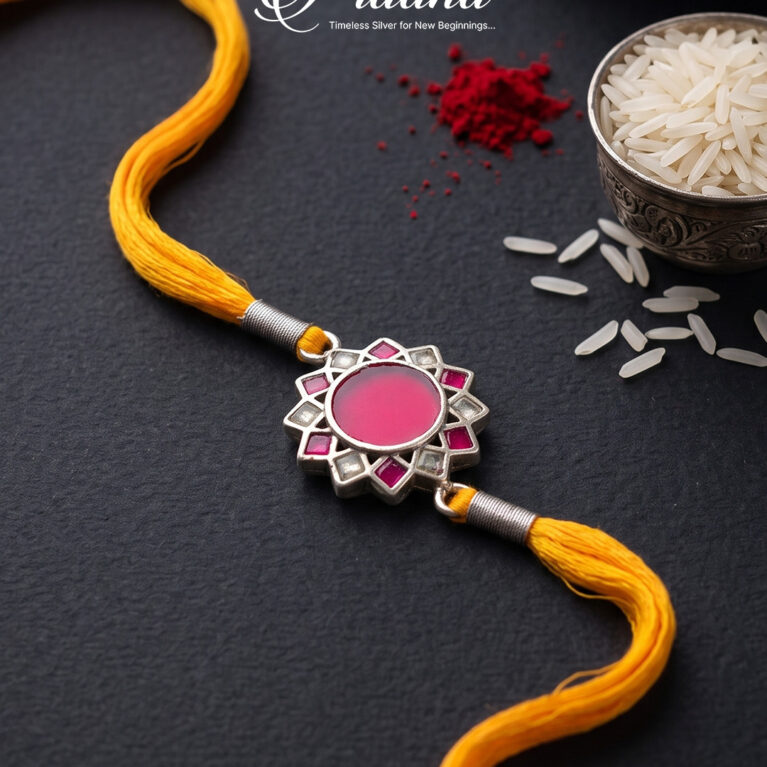 Pink flower Silver Rakhi
