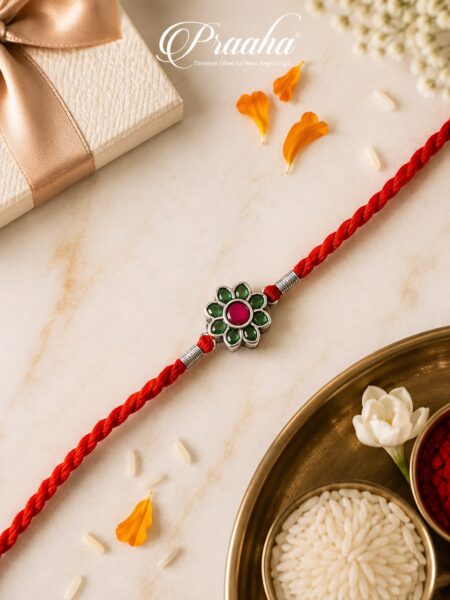 Floral Green-Red Motif Silver Rakhi