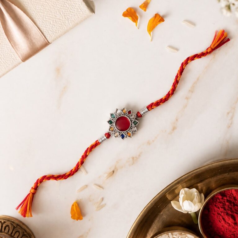 Multicolor flower Silver Rakhi